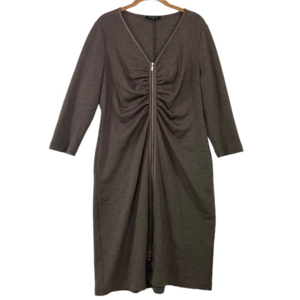 Lafayette 148 double two way zip 100% virgin wool brown scrunch dress. Size XL